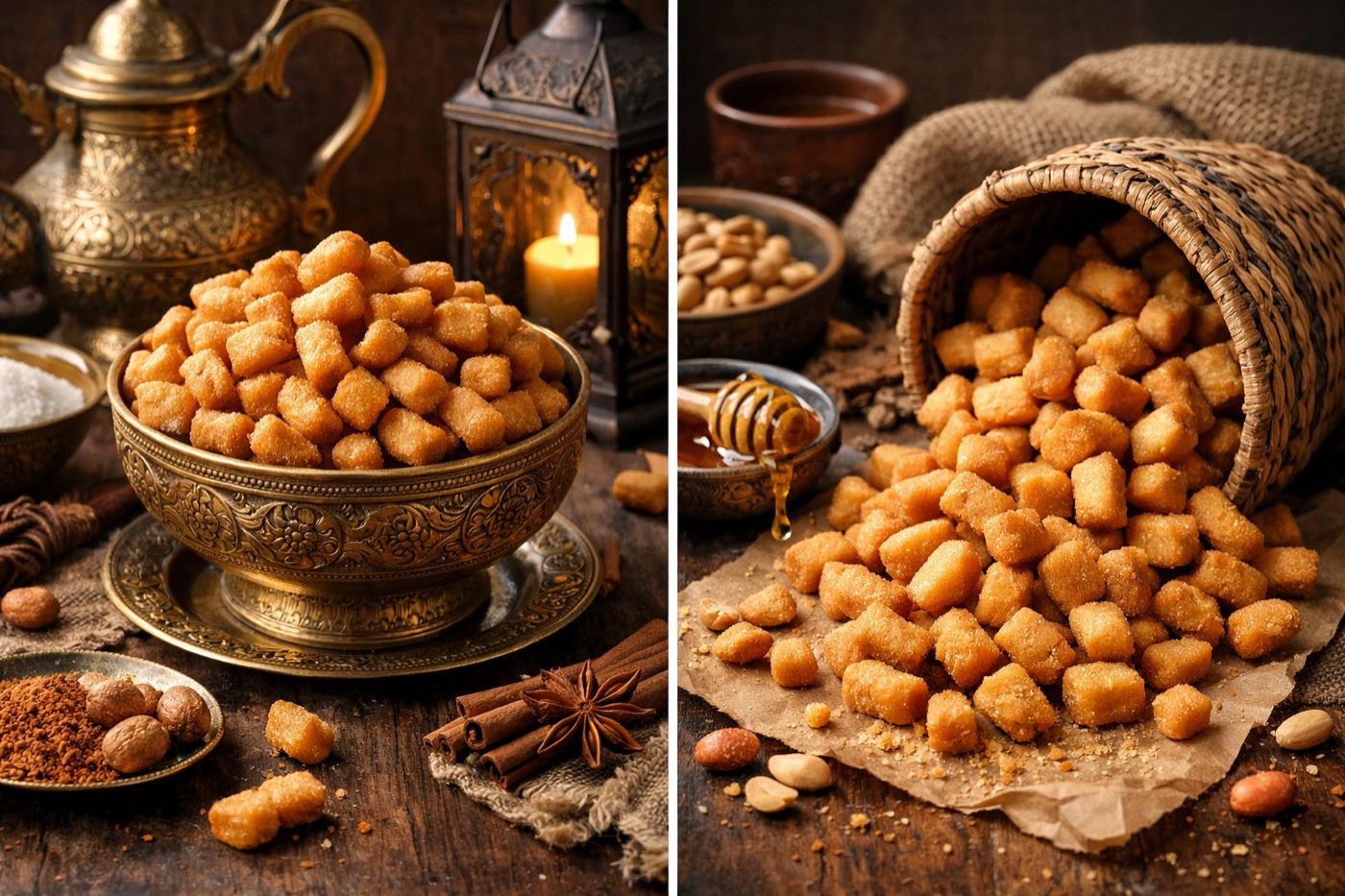 Nigerian chin chin crunchy snack in an ornate brass bowl with cinnamon, nutmeg and lantern light — West African heritage